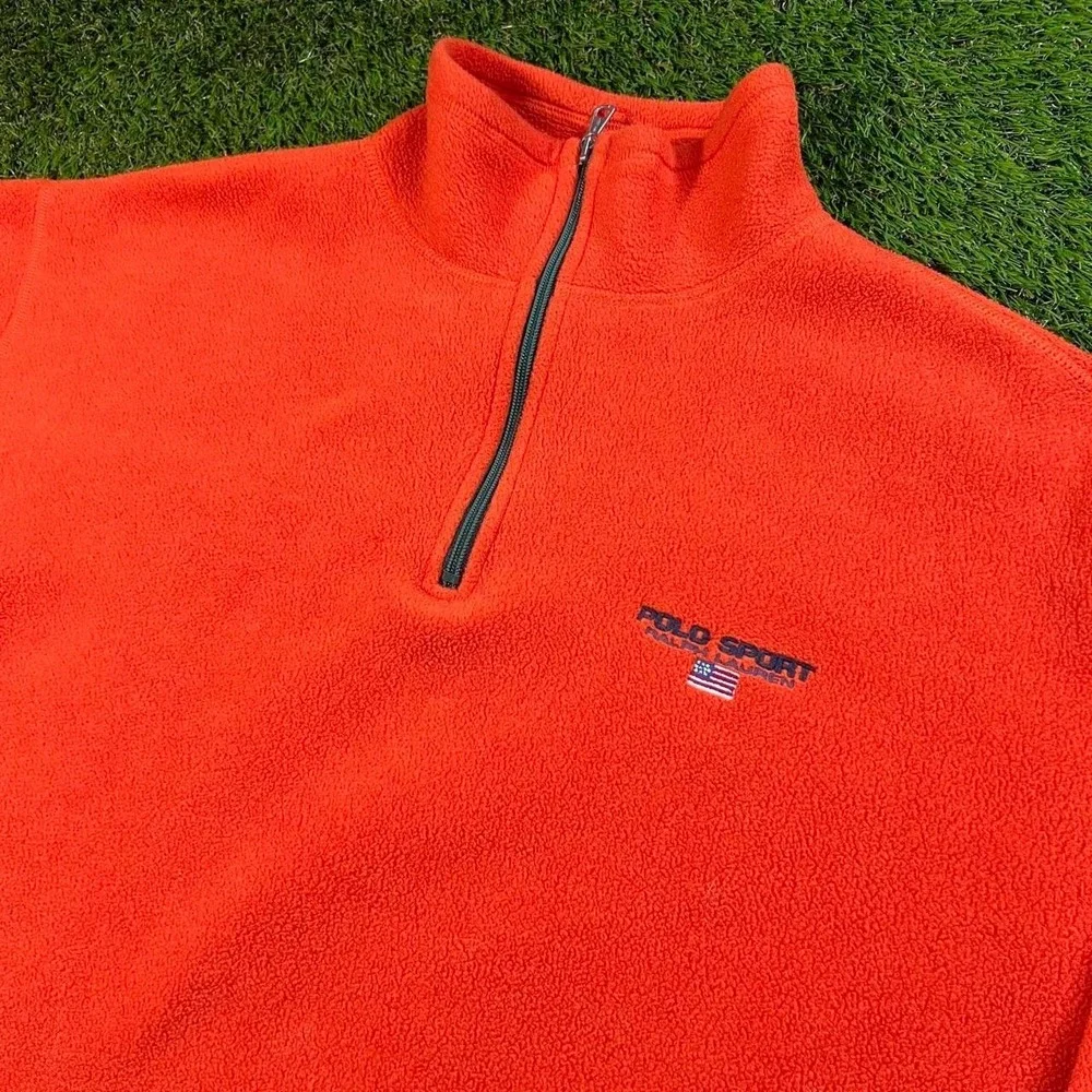 Vintage Polo Sport Ralph Lauren XXL Orange Fleece 1/4 Zip Pullover Made USA Rare
